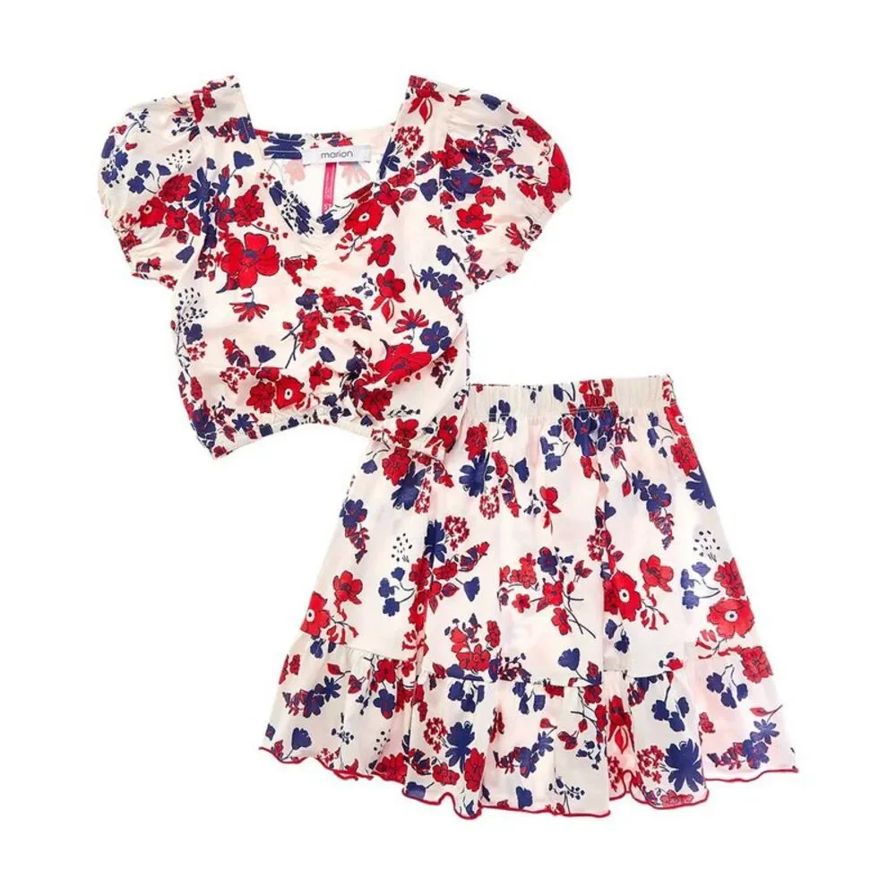 Marion Girls 2Pc Floral Top & Skirt Set, White